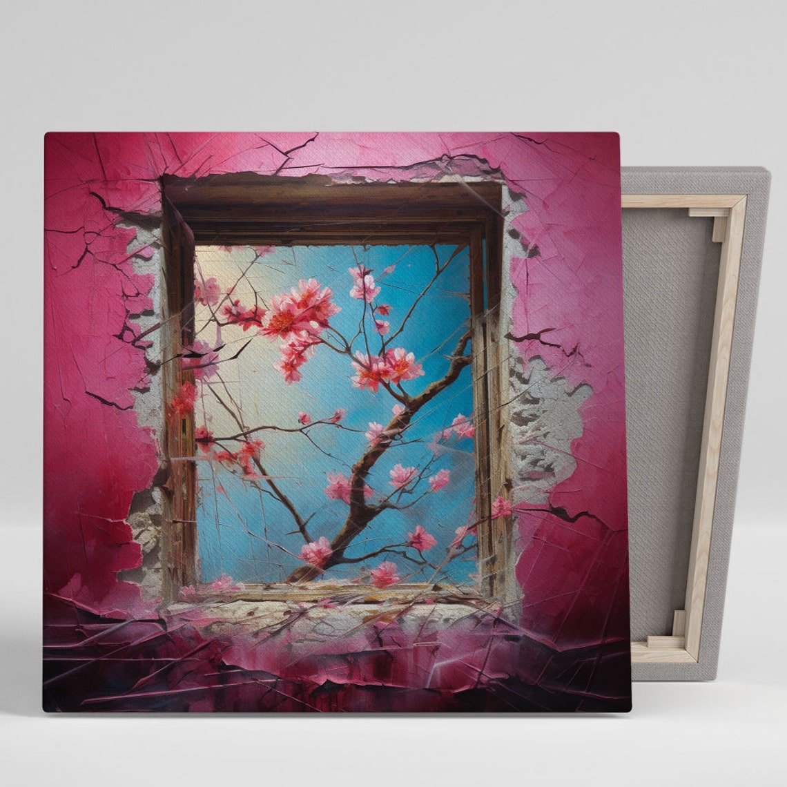 Cherry Blossom Branches Through Broken Window Cracked Pink Wall Poster