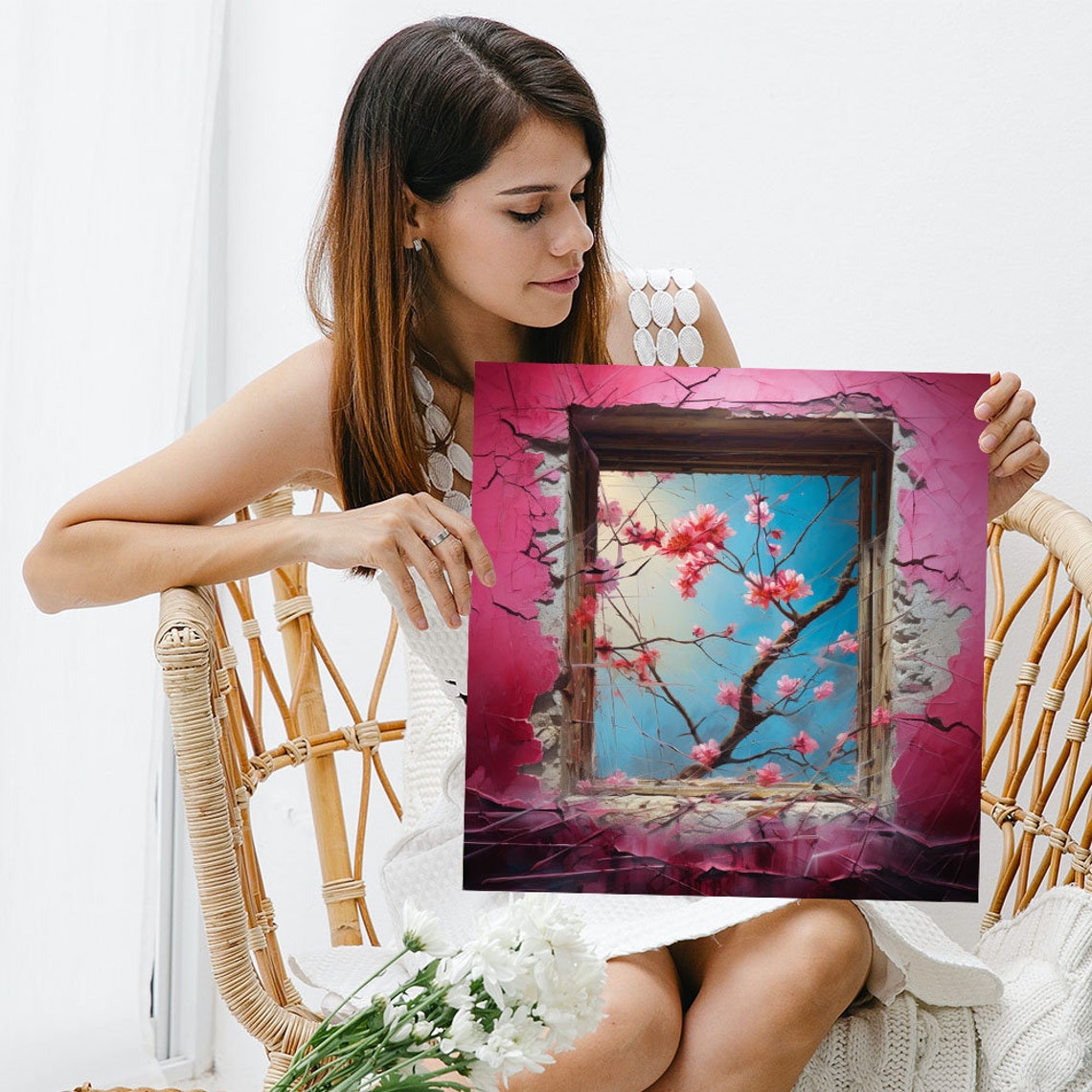 Cherry Blossom Branches Through Broken Window Cracked Pink Wall Poster - Image 3
