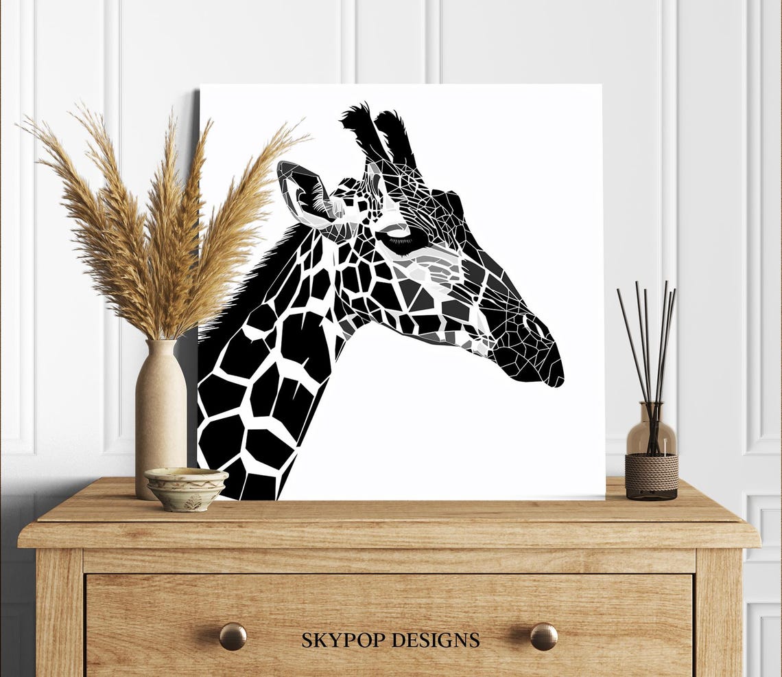 Black White Geometric Giraffe Mosaic Minimalist Modern Wall Art Poster - Image 2