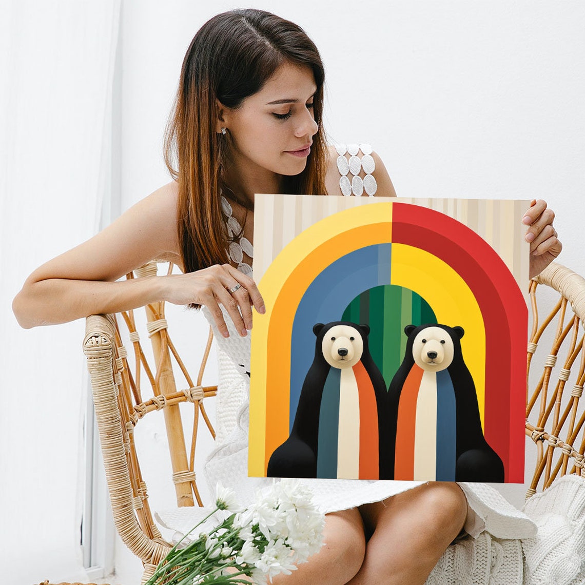 Cute Pair Of Black Bears Under Rainbow Arch Folk Art Funny Poster - Image 3