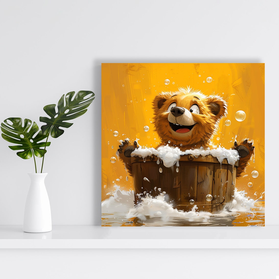 Giggling Bear Cub Barrel Bath Bubbles Happy Cartoon Wall Poster - Image 2