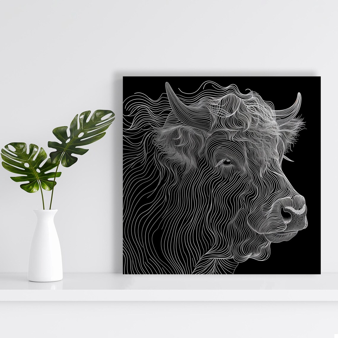 Highland Cow Flowing White Line Art Portrait Black Background Poster - Image 2
