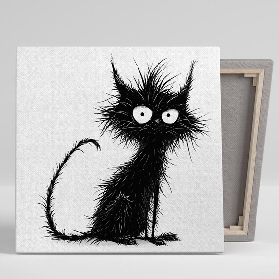 Scruffy Black Cat Wild Spiky Fur Big Eyes Funny Cartoon Wall Art Print Poster