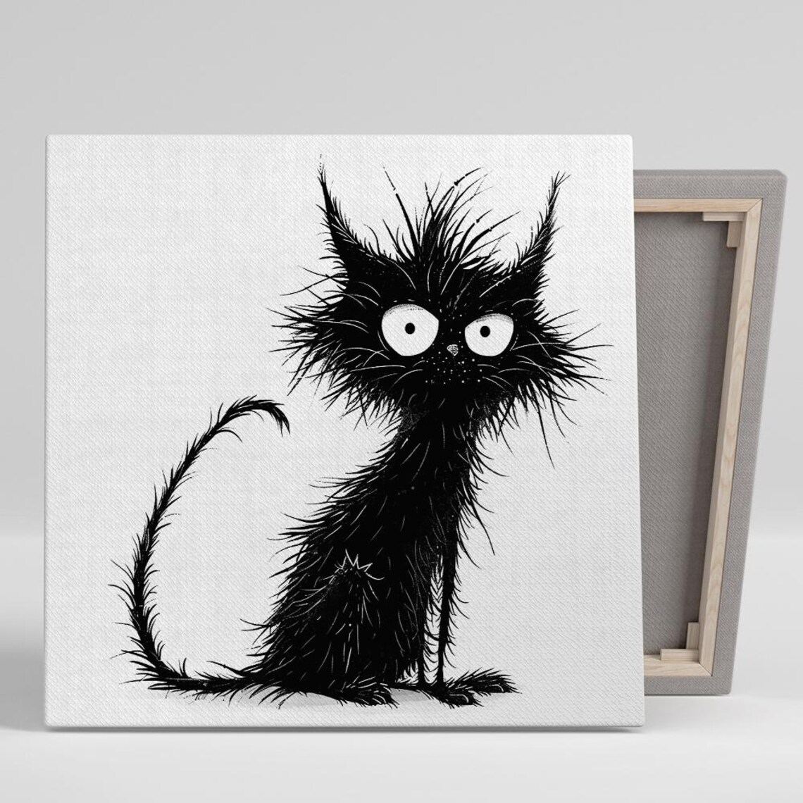 Scruffy Black Cat Wild Spiky Fur Big Eyes Funny Cartoon Wall Art Print Poster