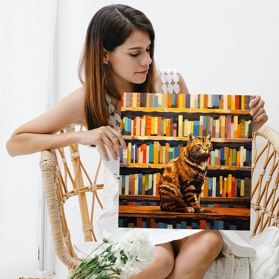 Tabby Cat Sitting on Library Bookshelf Book Lover Wall Poster - Image 3