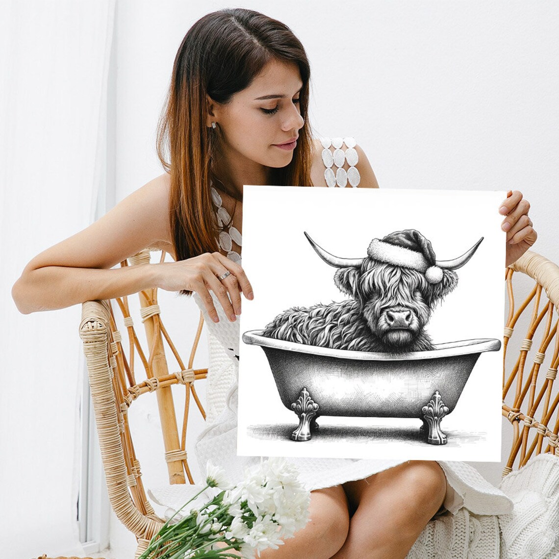 Christmas Highland Cow in Bathtub, Bathroom Art Print - Image 3