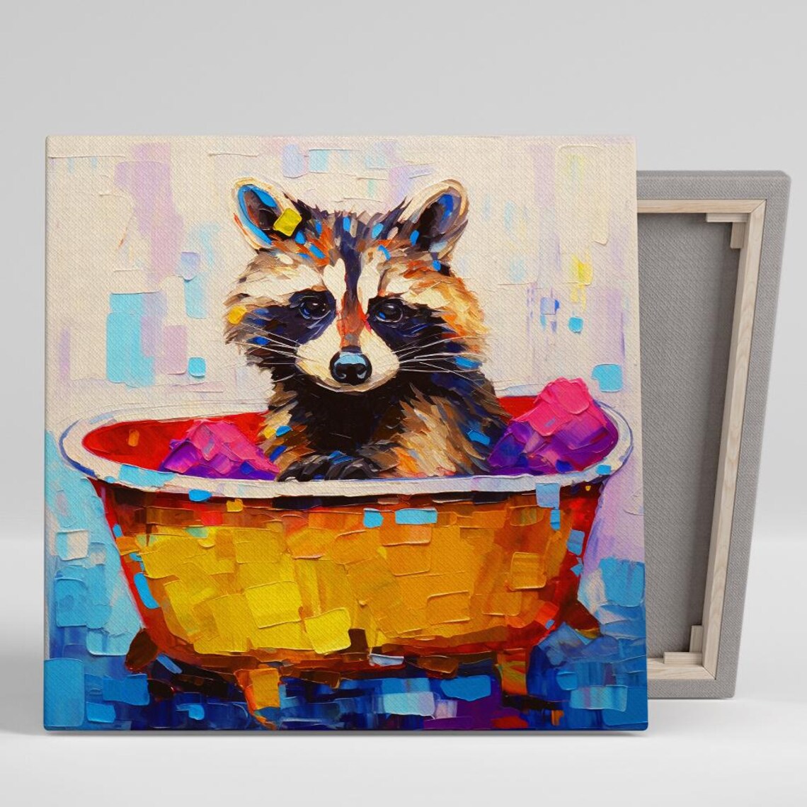 Raccoon In Colorful Bathtub Splash Whimsical Bathroom Animal Art Poster