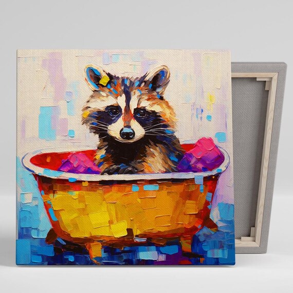 Raccoon In Colorful Bathtub Splash Whimsical Bathroom Animal Art Poster
