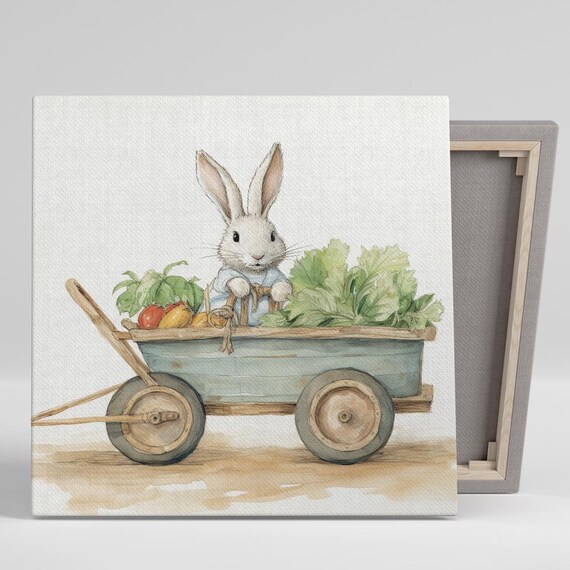 Watercolor Bunny Cart Vegetables Rustic Farmhouse Nursery Art Poster