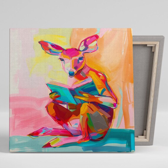Colorful Deer Reading Book Fauvist Rainbow Animal Art Wall Poster