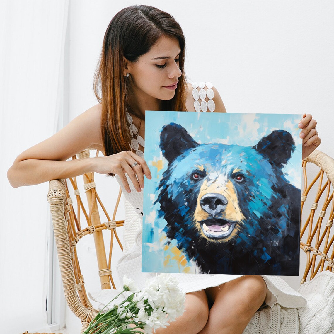 Smiling Blue Bear Portrait Expressive Brushstrokes Modern Wildlife Poster - Image 3