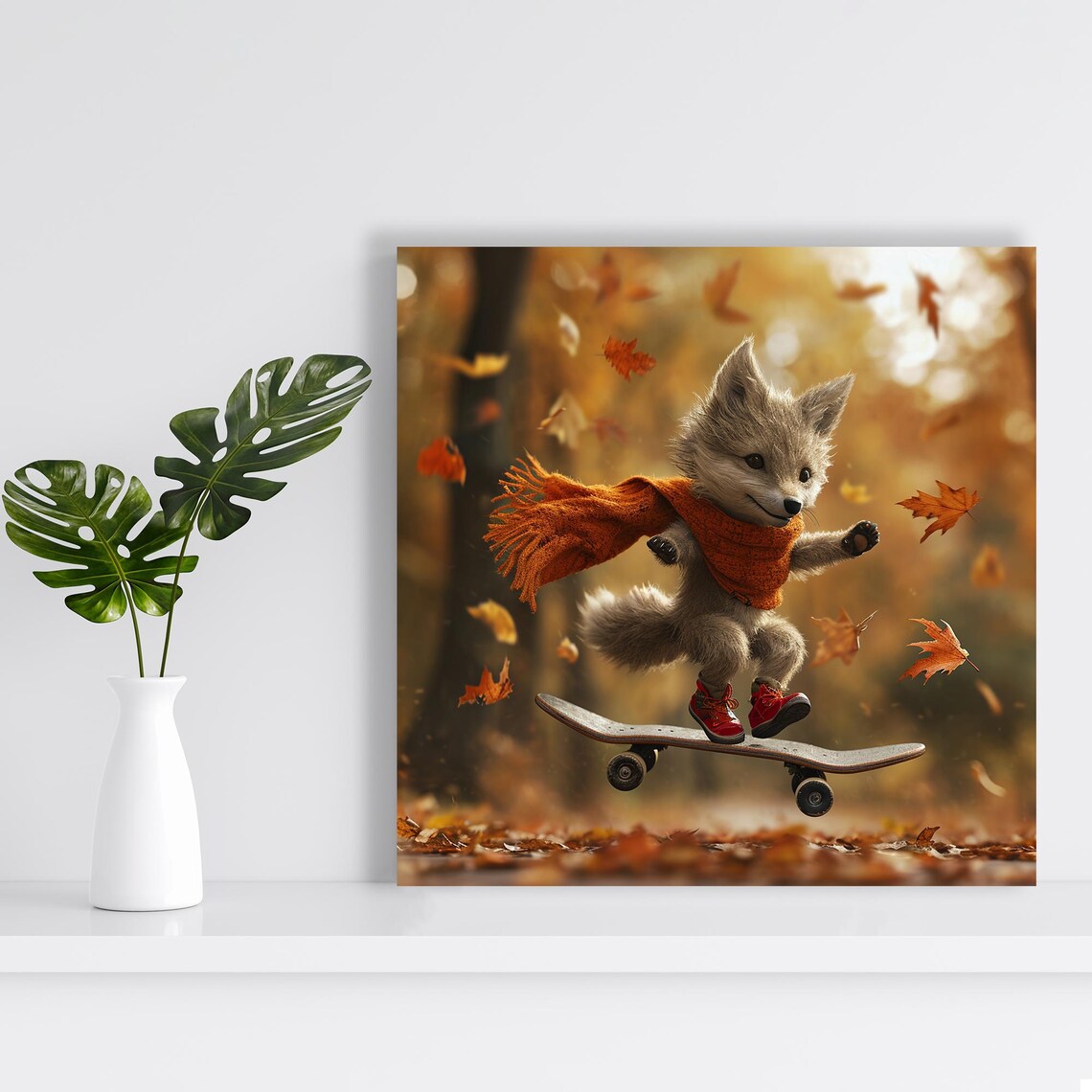 Skateboarding Fox Autumn Leaves Cute Woodland Animal Adventure Poster - Image 2