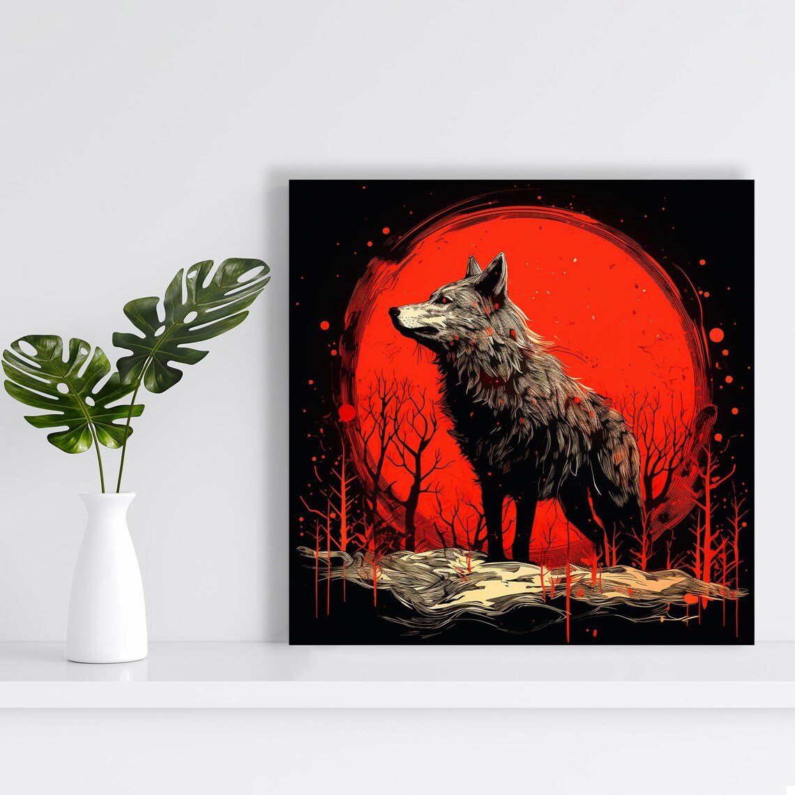 Wolf Standing Red Blood Moon Dark Gothic Forest Silhouette Night Poster - Image 2