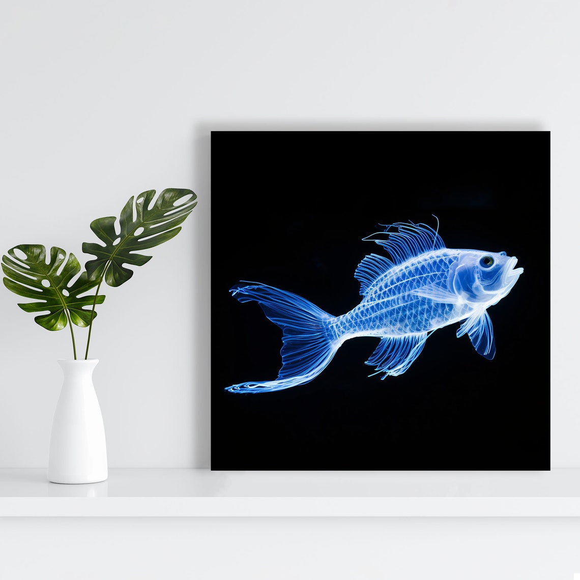 Glowing Neon Blue Fish X Ray Style Black Background Wall Poster - Image 2