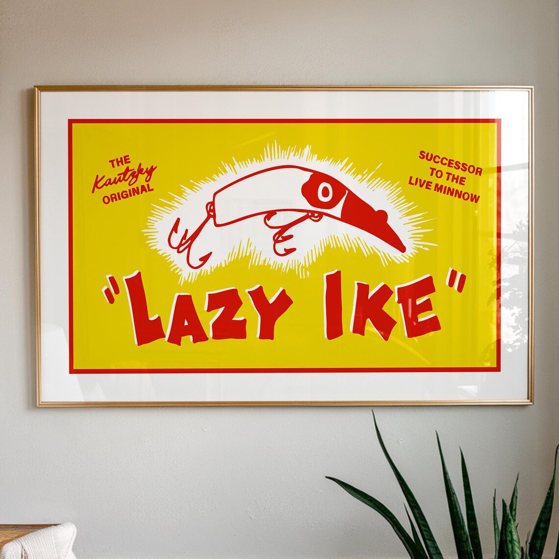 Lazy Ike Kautzky Lure Vintage Fishing Ad Bright Yellow Red Poster
