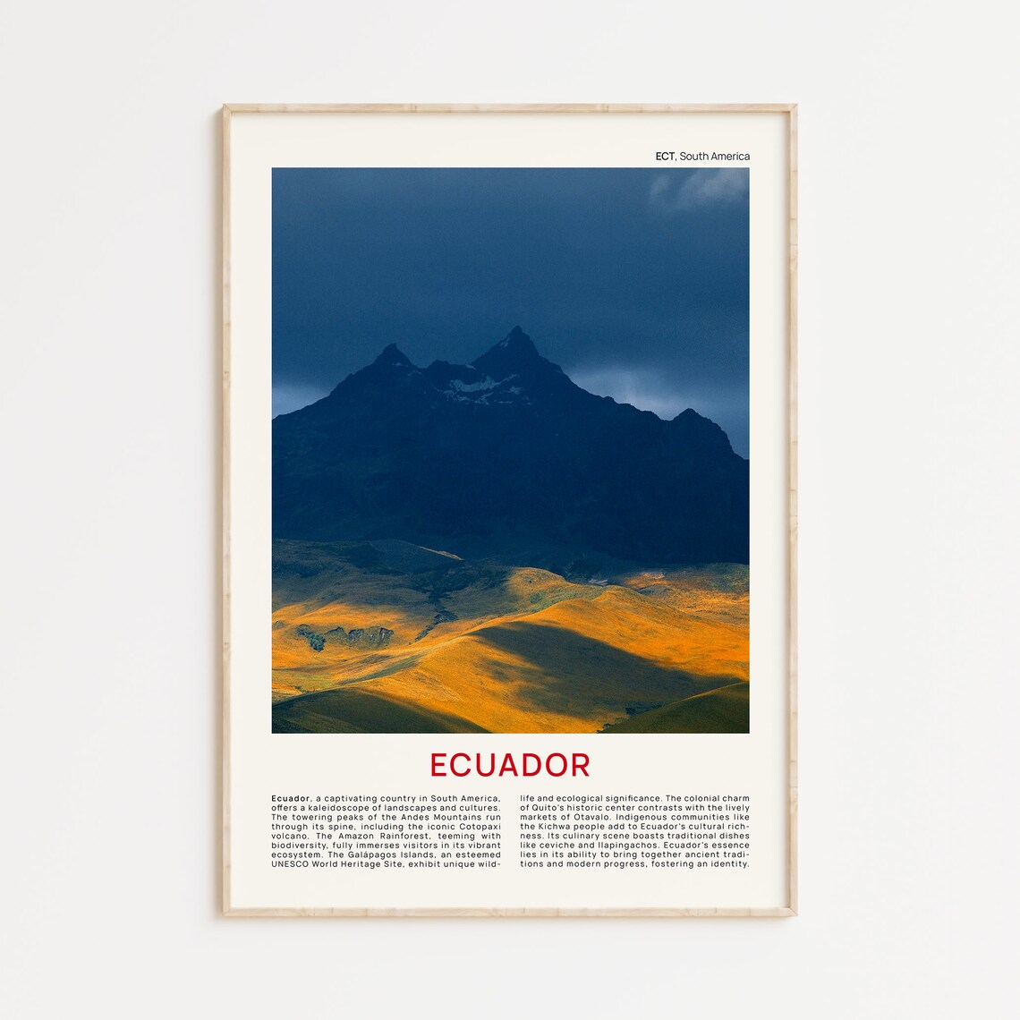 Minimalist Ecuador Travel Photo Poster Featuring Cotopaxi Volcano at Dusk