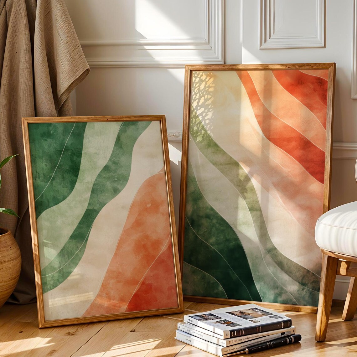 Sage Green Abstract Art Print Set Mid Century Boho Decor
