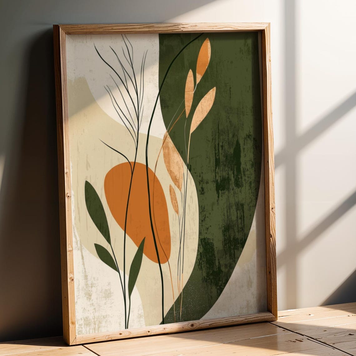 Sage Green Burnt Orange Abstract Botanical Mid Century Modern Wall Art