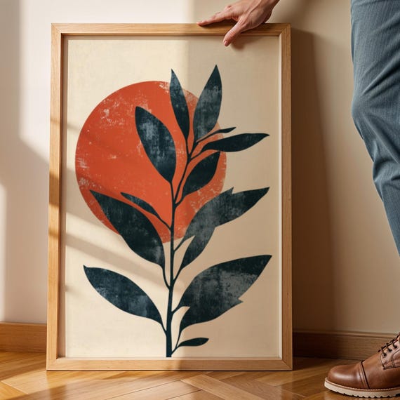 Navy Botanical Silhouette Art Print Burnt Orange Sun Minimalist Boho