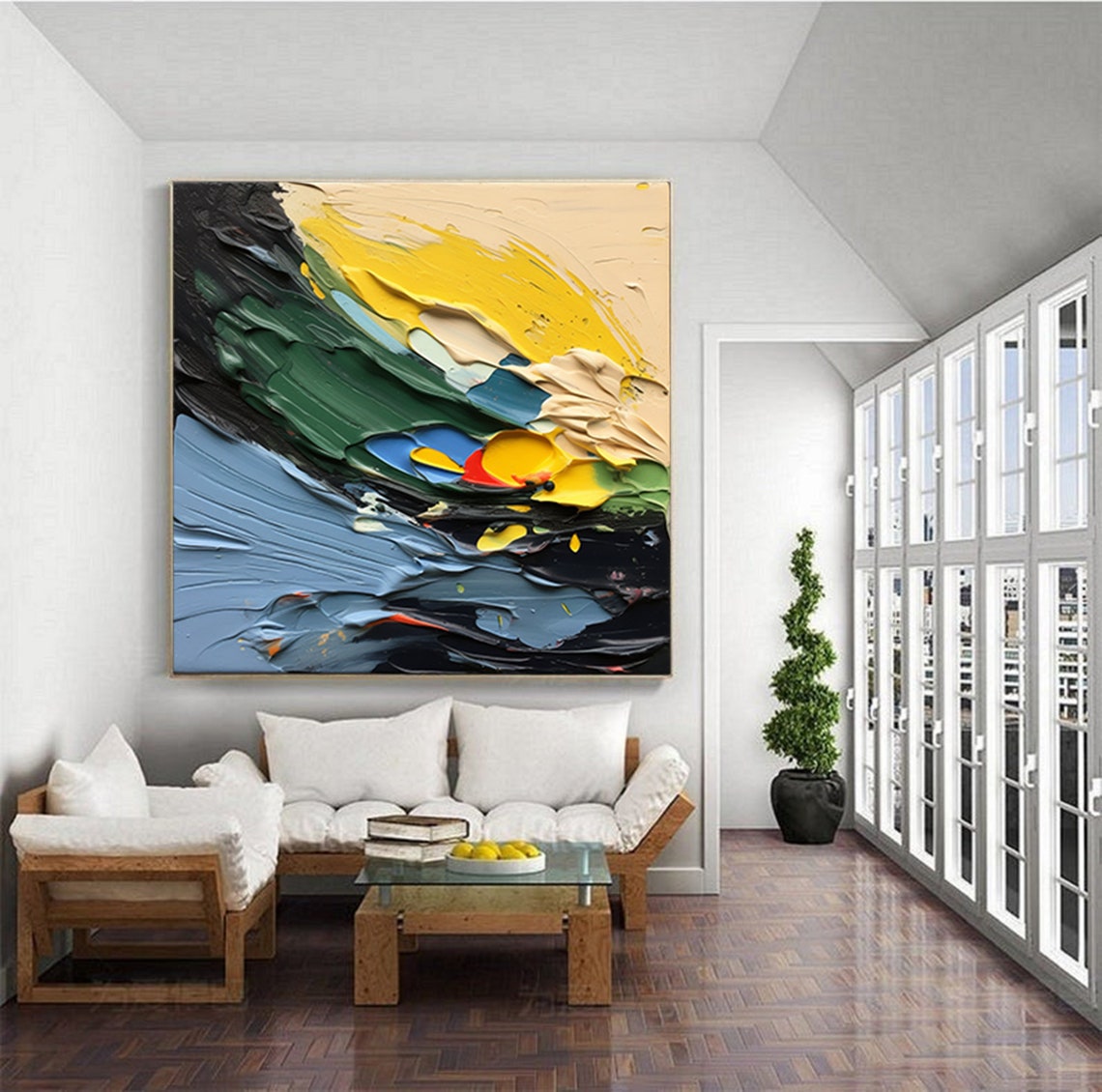 Bold Thick Impasto Abstract Waves In Green Yellow And Navy Poster - Image 3