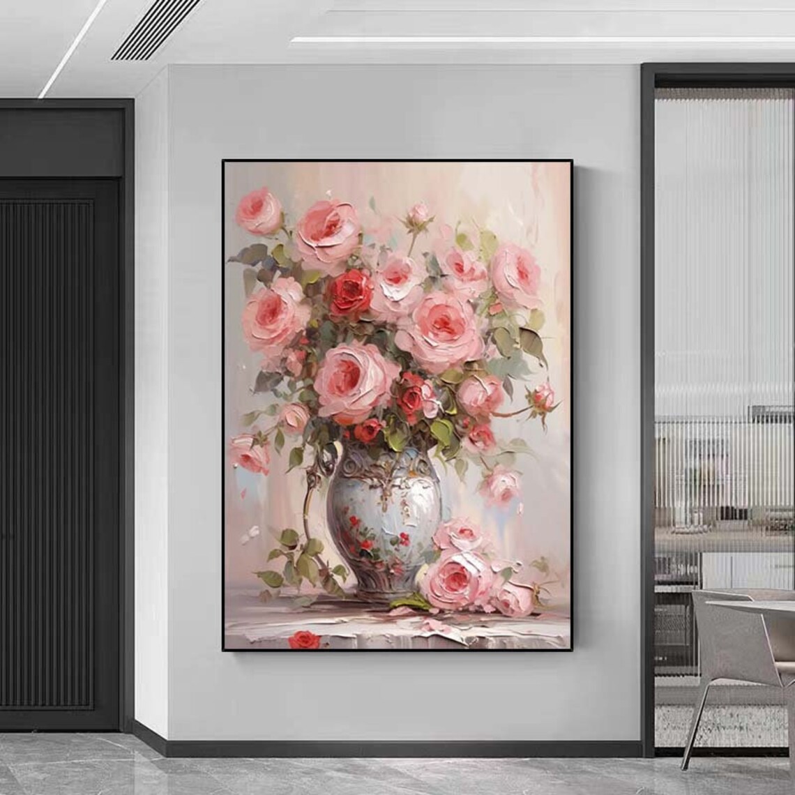Pink Roses Bouquet in Vintage Vase Oil Painting Floral Poster - Image 3