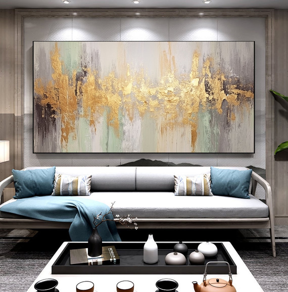 Gold Leaf Streaks Grey Green Abstract Elegant Painting Poster - Image 3