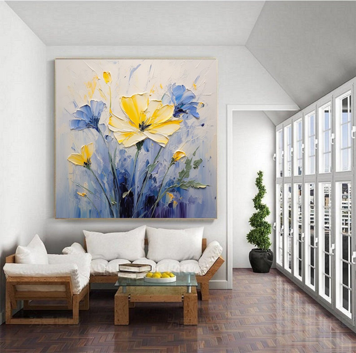 Yellow Spring Flowers and Blue Blooms Palette Knife Oil Poster - Image 4