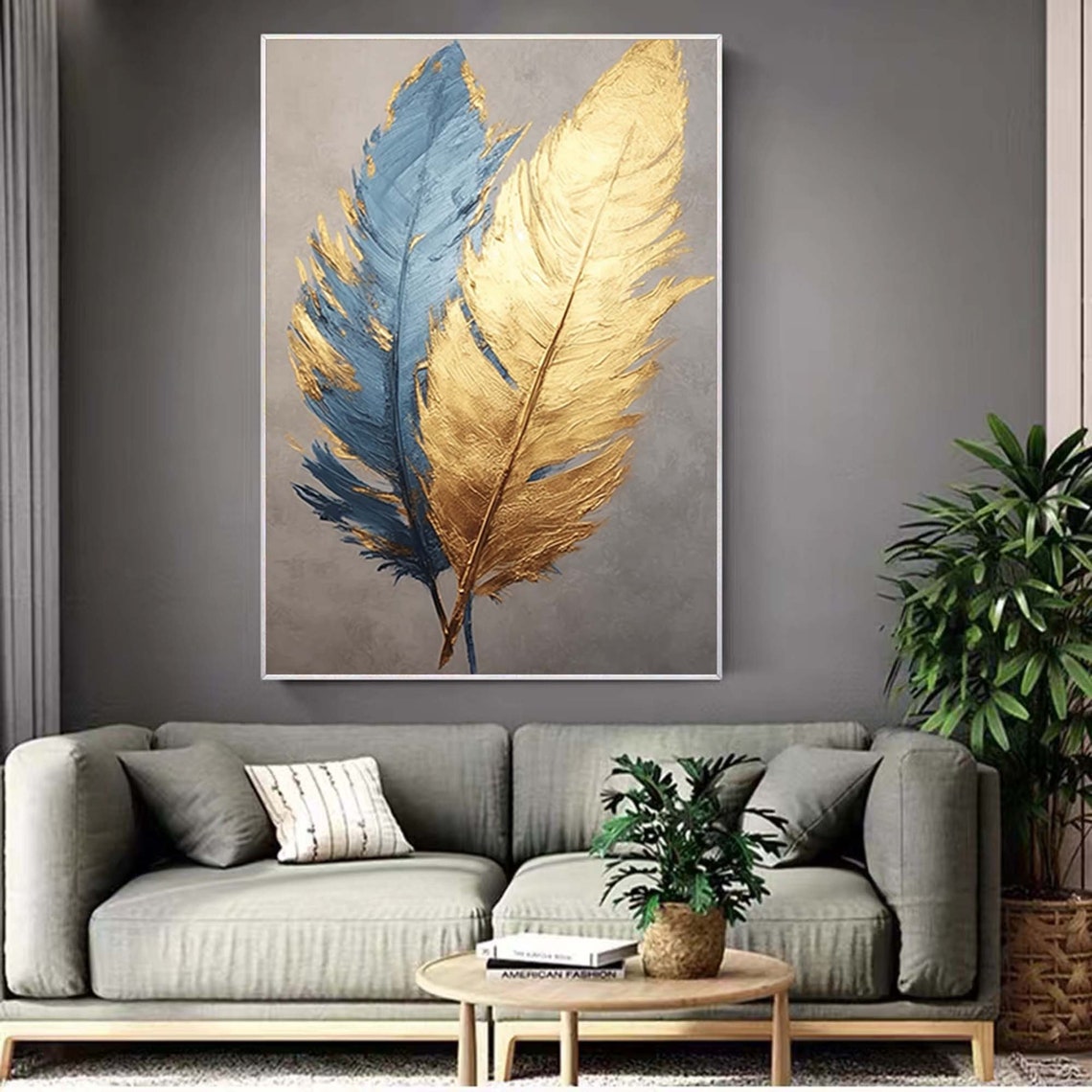 Gold and Blue Feathers on Gray Modern Elegant Painting Poster - Image 2