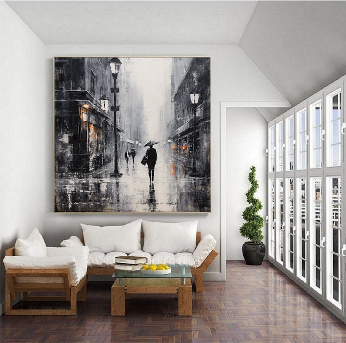 Rainy City Street Umbrella Figure Black White Monochrome City Poster - Image 4
