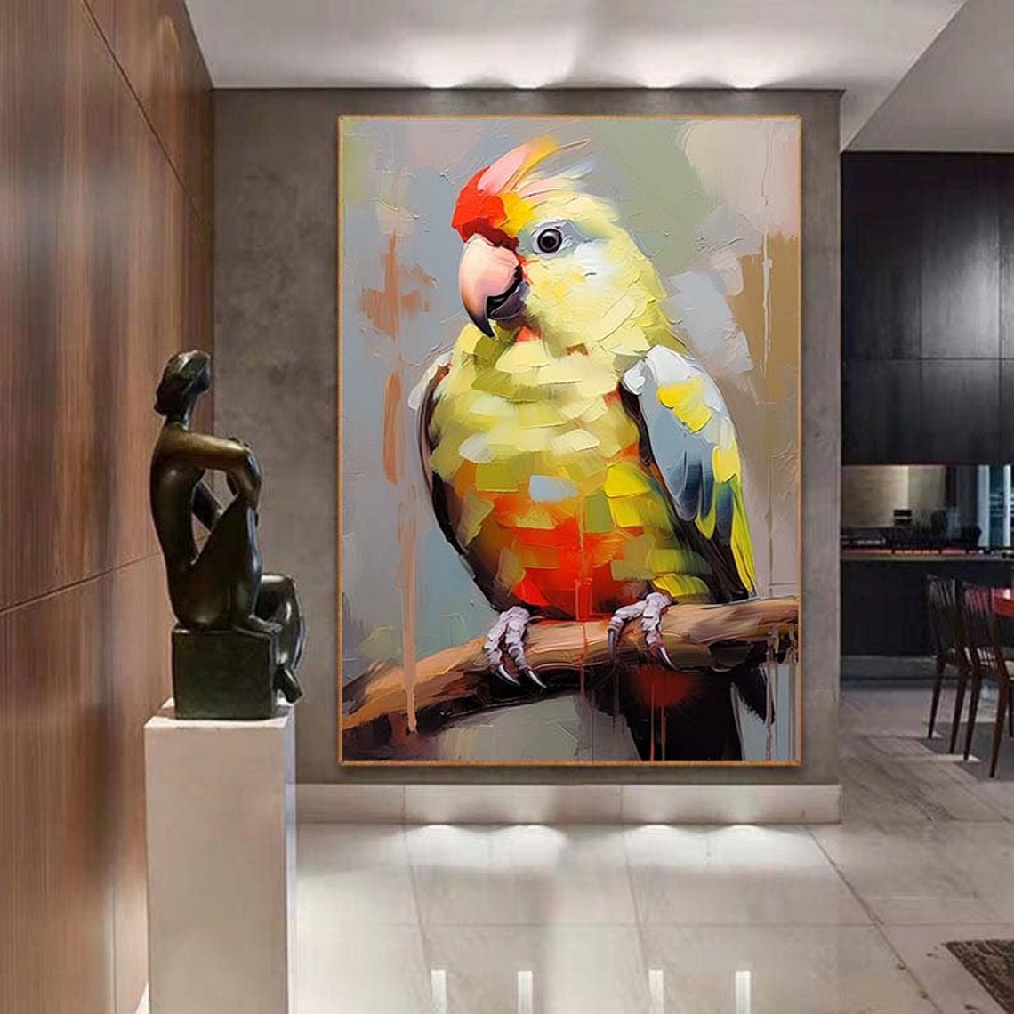 Yellow Green Parrot Portrait Perched On Branch Impasto Poster - Image 7