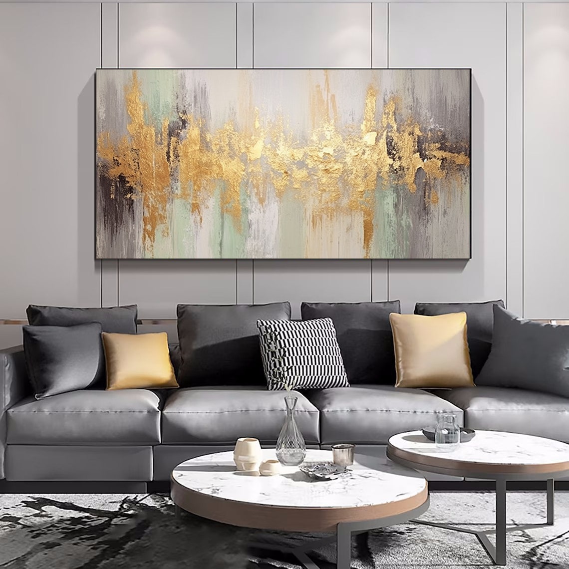 Gold Leaf Streaks Grey Green Abstract Elegant Painting Poster - Image 4