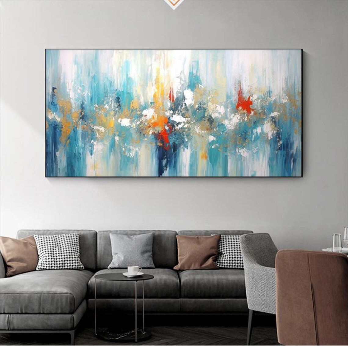 Teal Blue Abstract Painting With Fiery Red and Orange Accents Poster - Image 7
