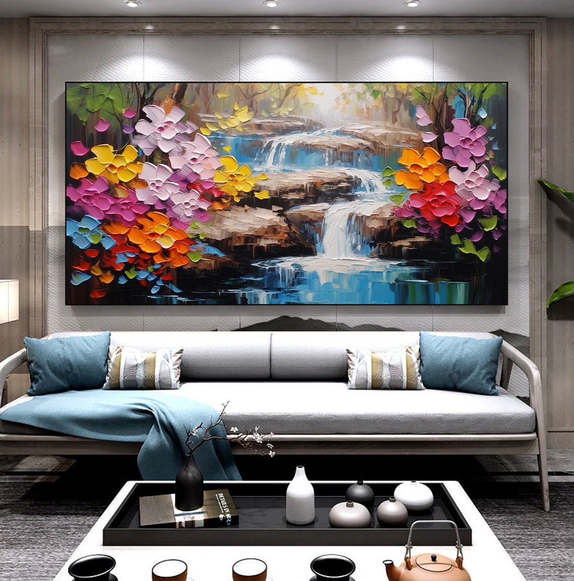 Rainbow Floral Waterfall Cascade Impasto Landscape Living Room Poster - Image 6