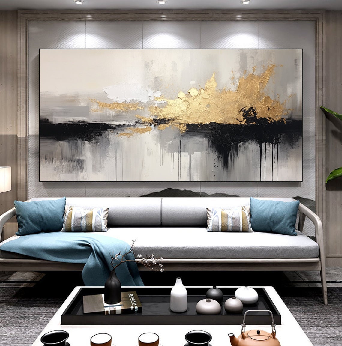 Monochrome Gold Splash Abstract Modern Art Painting Poster Extra Large - Image 3