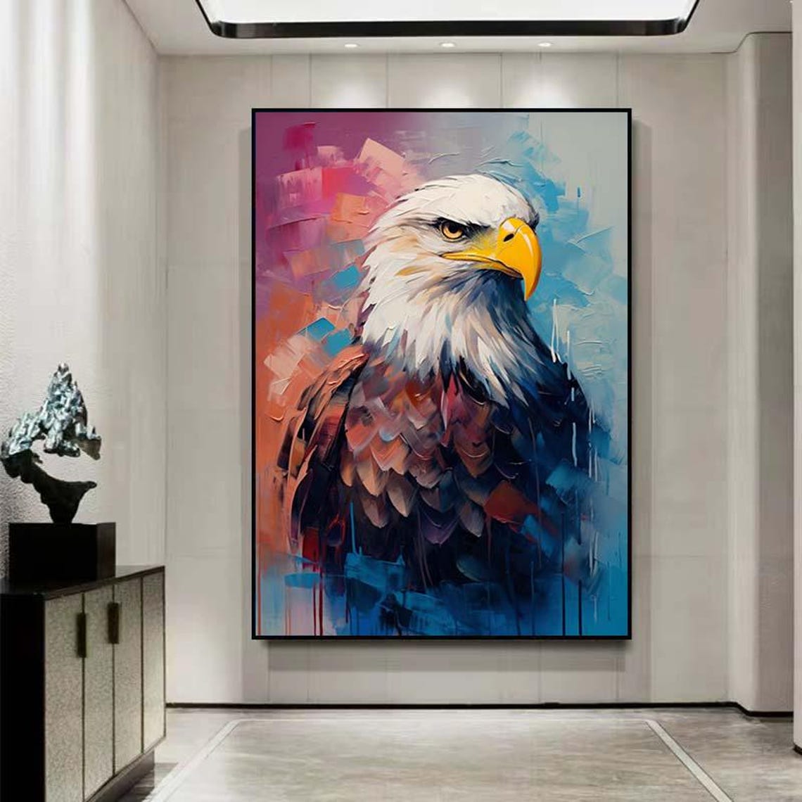 Majestic Bald Eagle Portrait Against Pink and Blue Oil Poster - Image 2