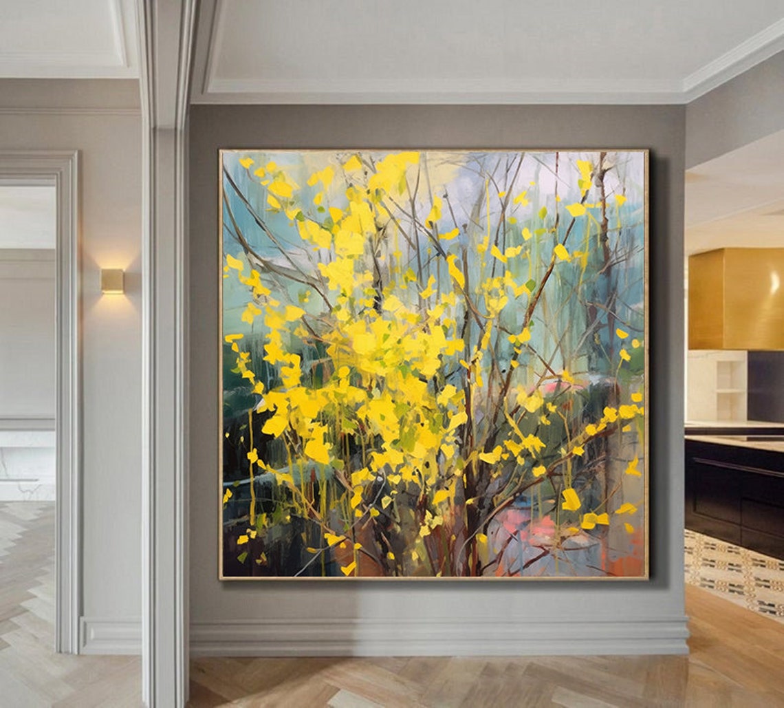 Yellow Forsythia Blossoms In My Garden Yellow Flowers Abstract Painting Yellow Hand Painted Wall Art Botanical Art Flower Painting On - Image 2