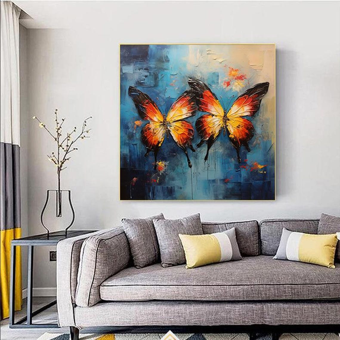 Orange Black Butterflies Blue Background Impasto Pair Art Poster - Image 3