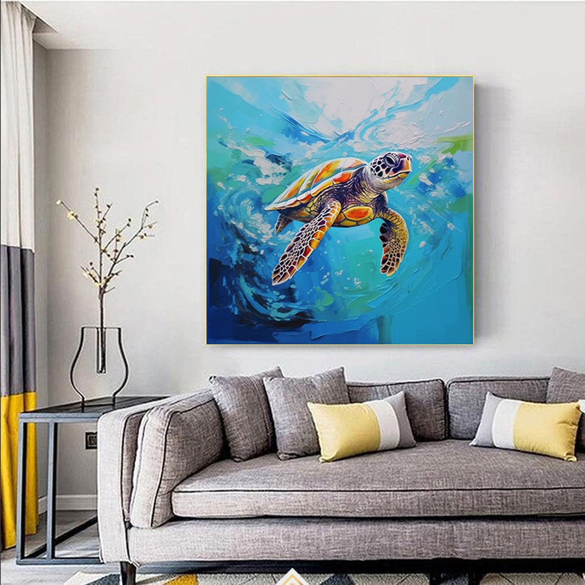 Colorful Sea Turtle Underwater Blue Ocean Impasto Art Poster - Image 3