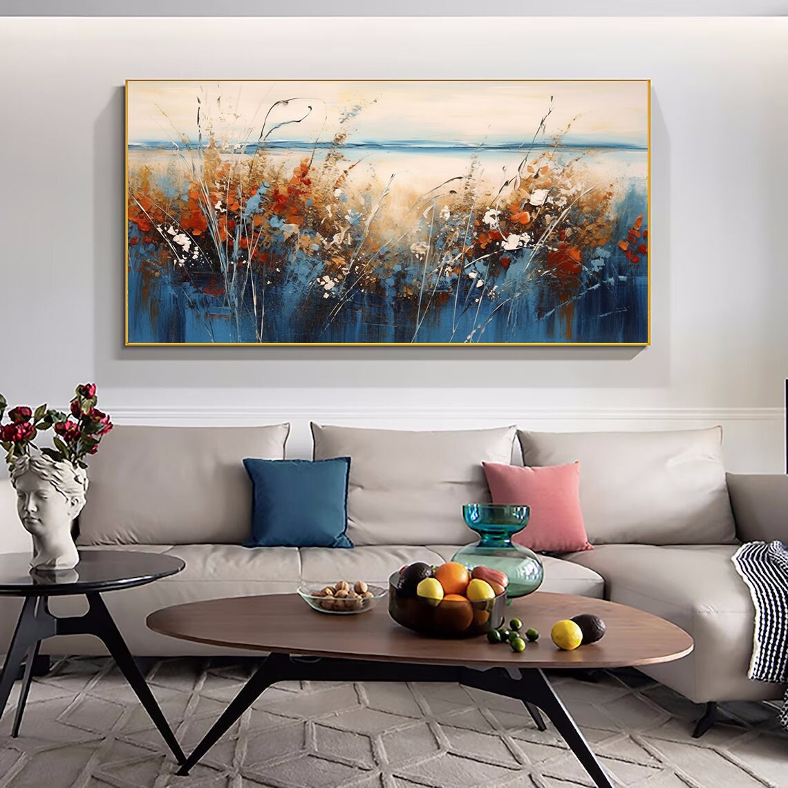Abstract Blue Red Wildflower Field by the Water Painting Poster - Image 2