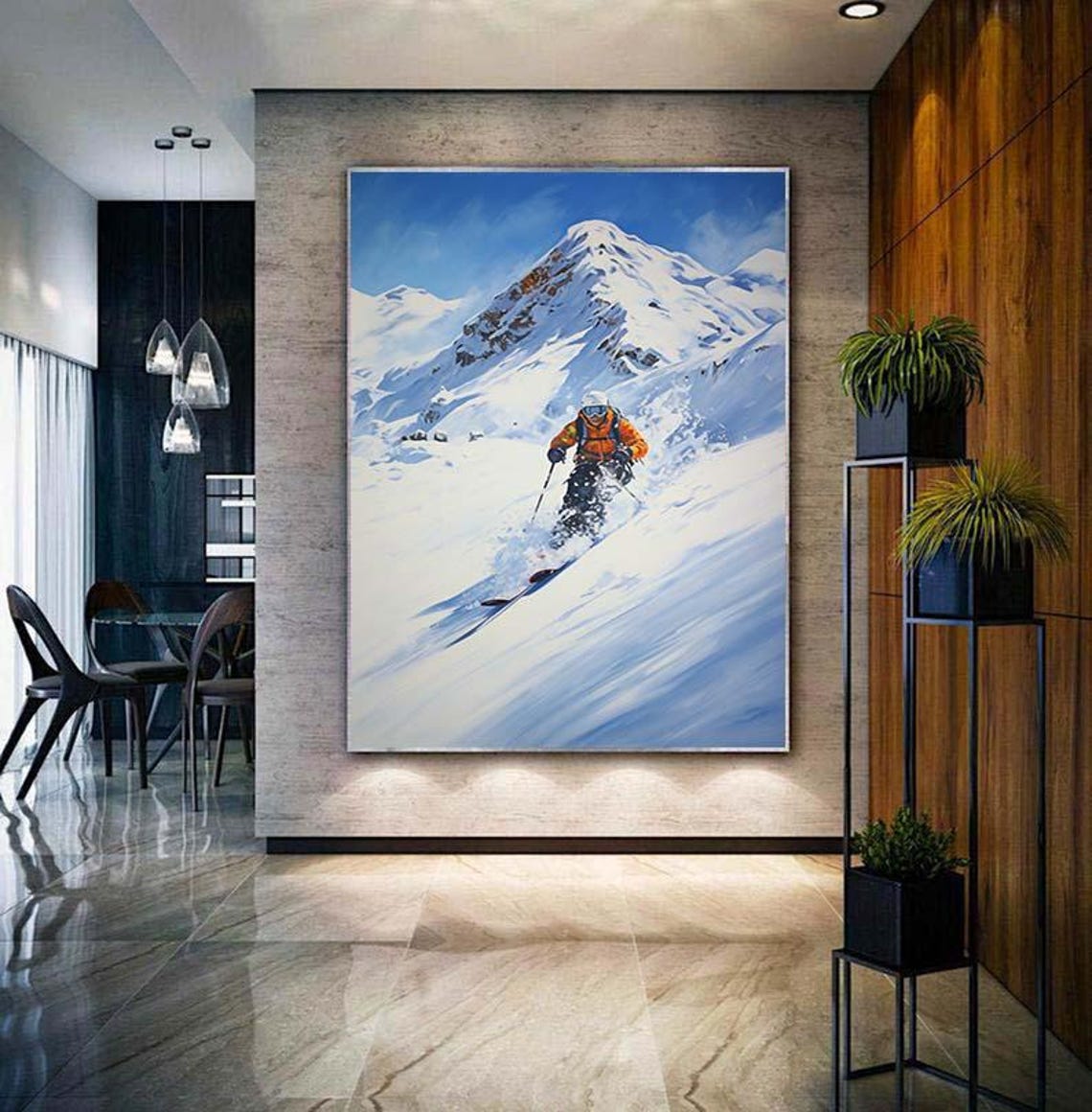 Snowy Mountain Skier Orange Jacket Powder Slope Sports Painting Poster - Image 3