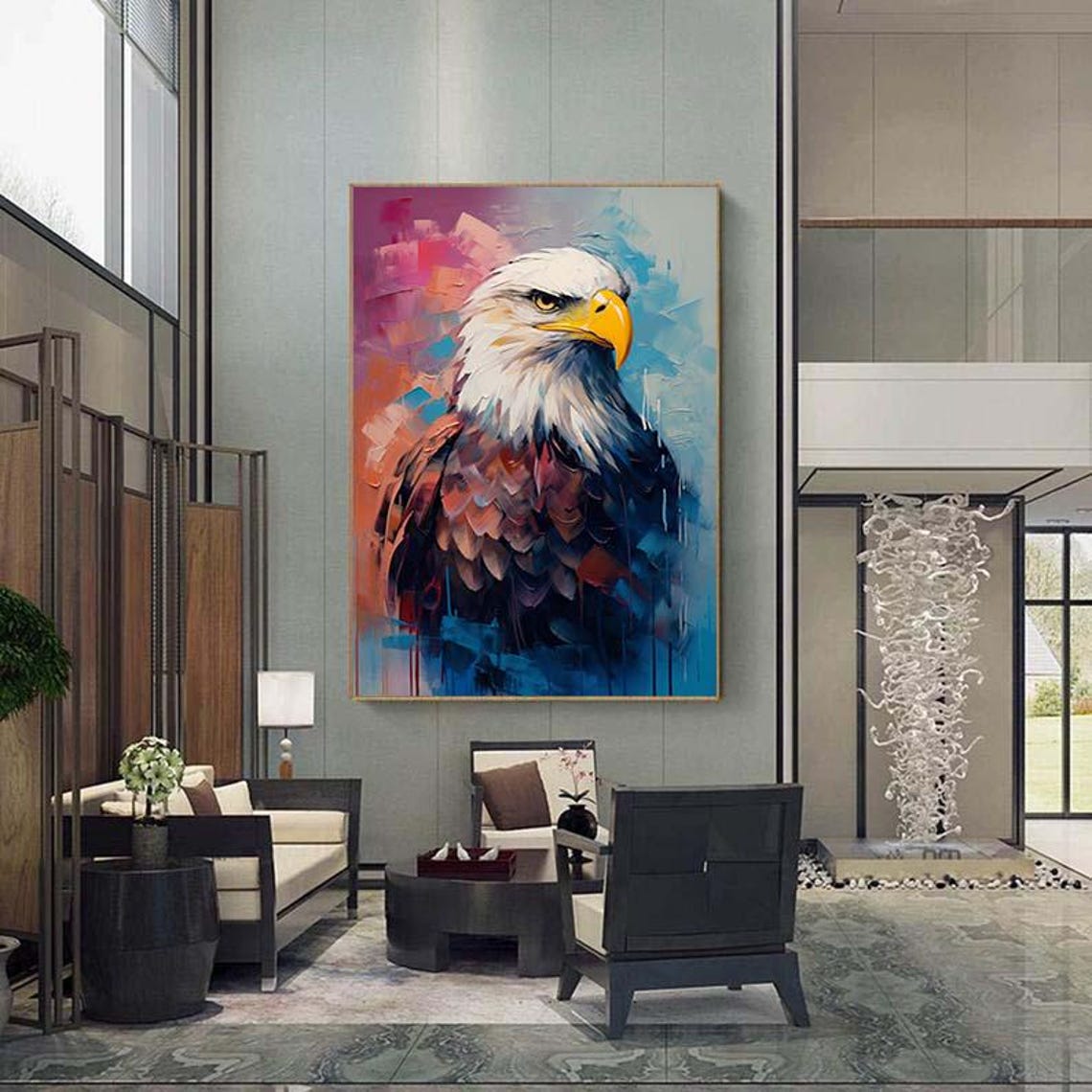 Majestic Bald Eagle Portrait Against Pink and Blue Oil Poster - Image 5