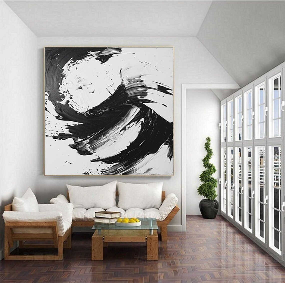 Black and White Monochrome Swirl Brushstroke Abstract Poster - Image 3
