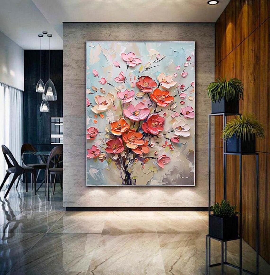 Coral Blossom Branch Pink Flowers Impasto Floral Painting Poster - Image 4