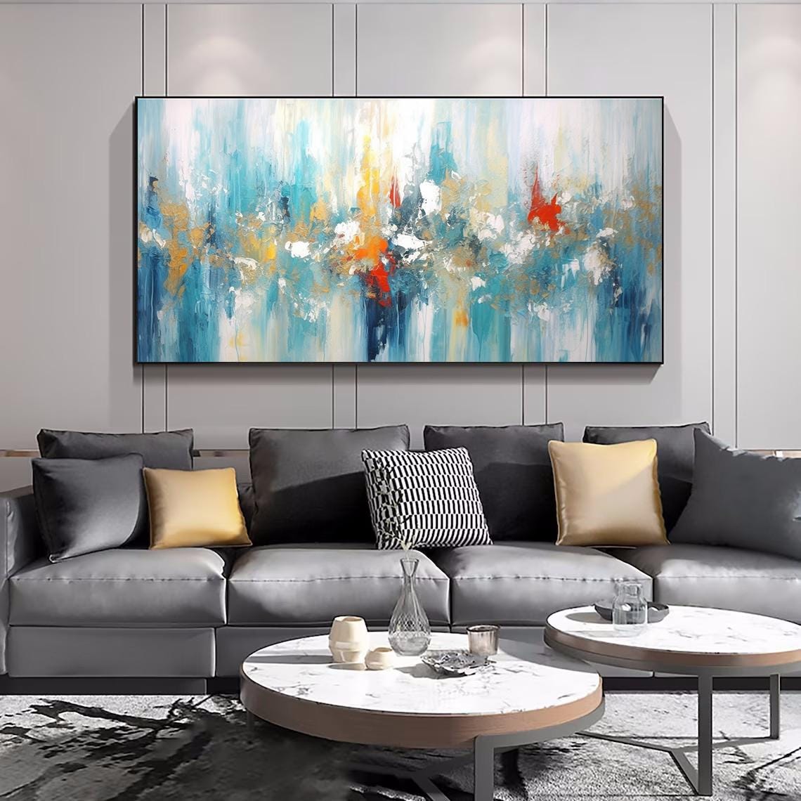 Teal Blue Abstract Painting With Fiery Red and Orange Accents Poster - Image 4