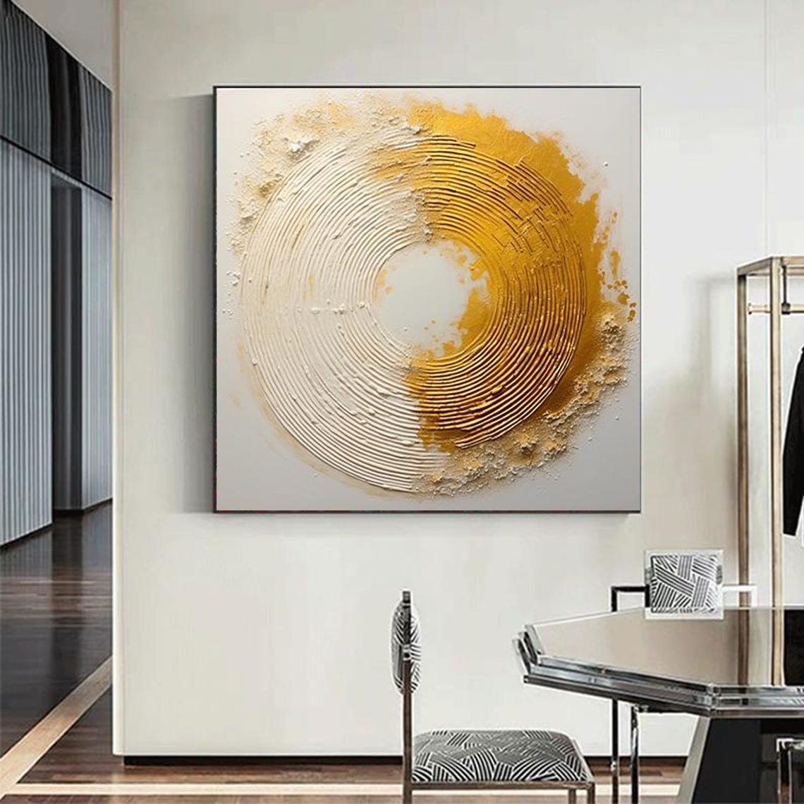 Golden White Spiral Circle Textured Abstract Modern Painting Poster - Image 6