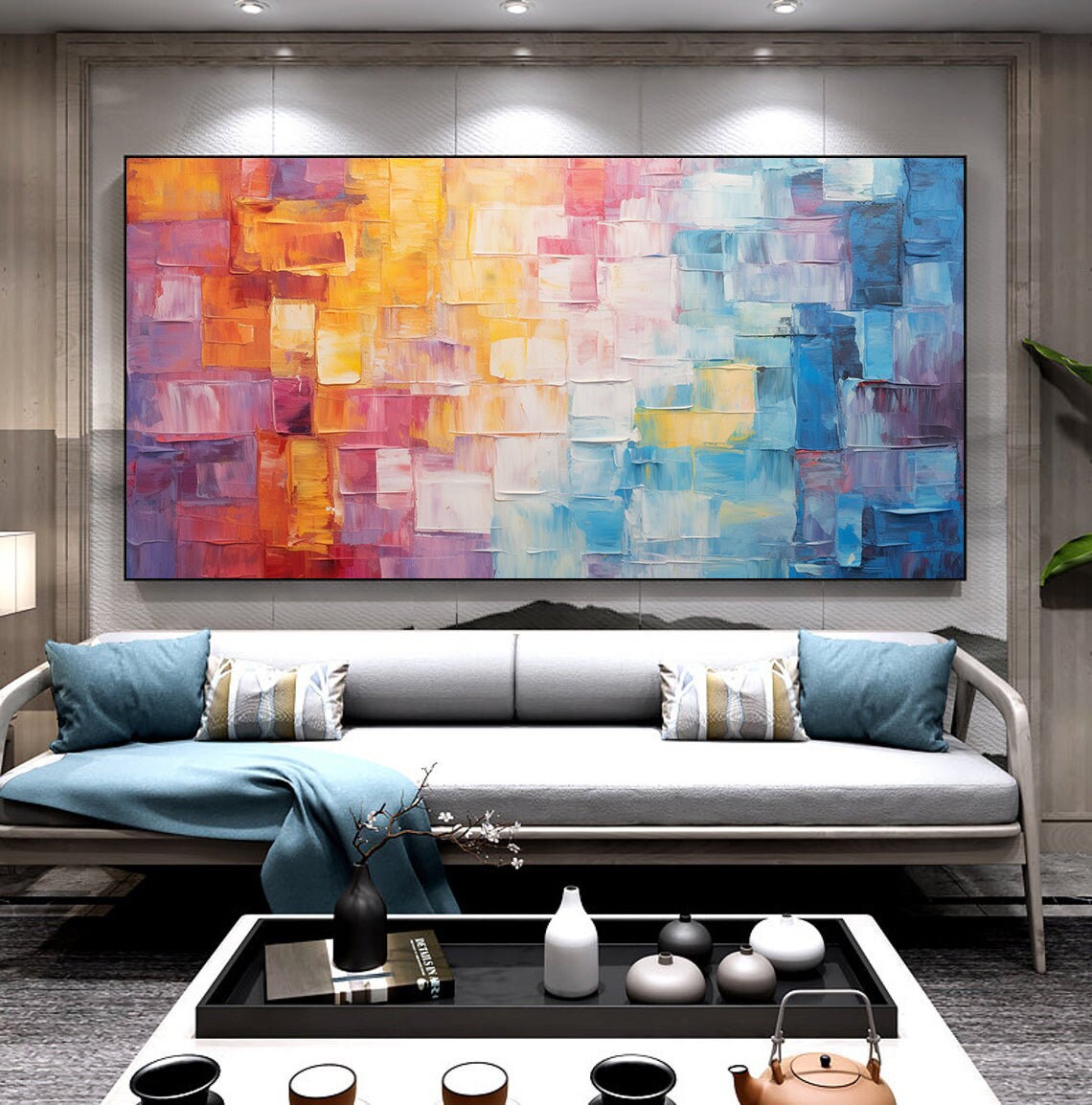 Colorful Mosaic Grid Abstract Art Shifting Orange To Blue Poster - Image 4