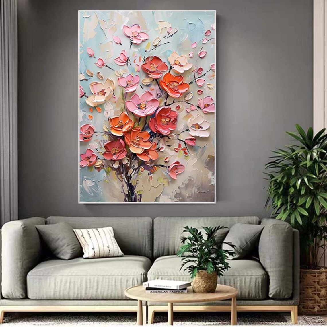 Coral Blossom Branch Pink Flowers Impasto Floral Painting Poster - Image 2
