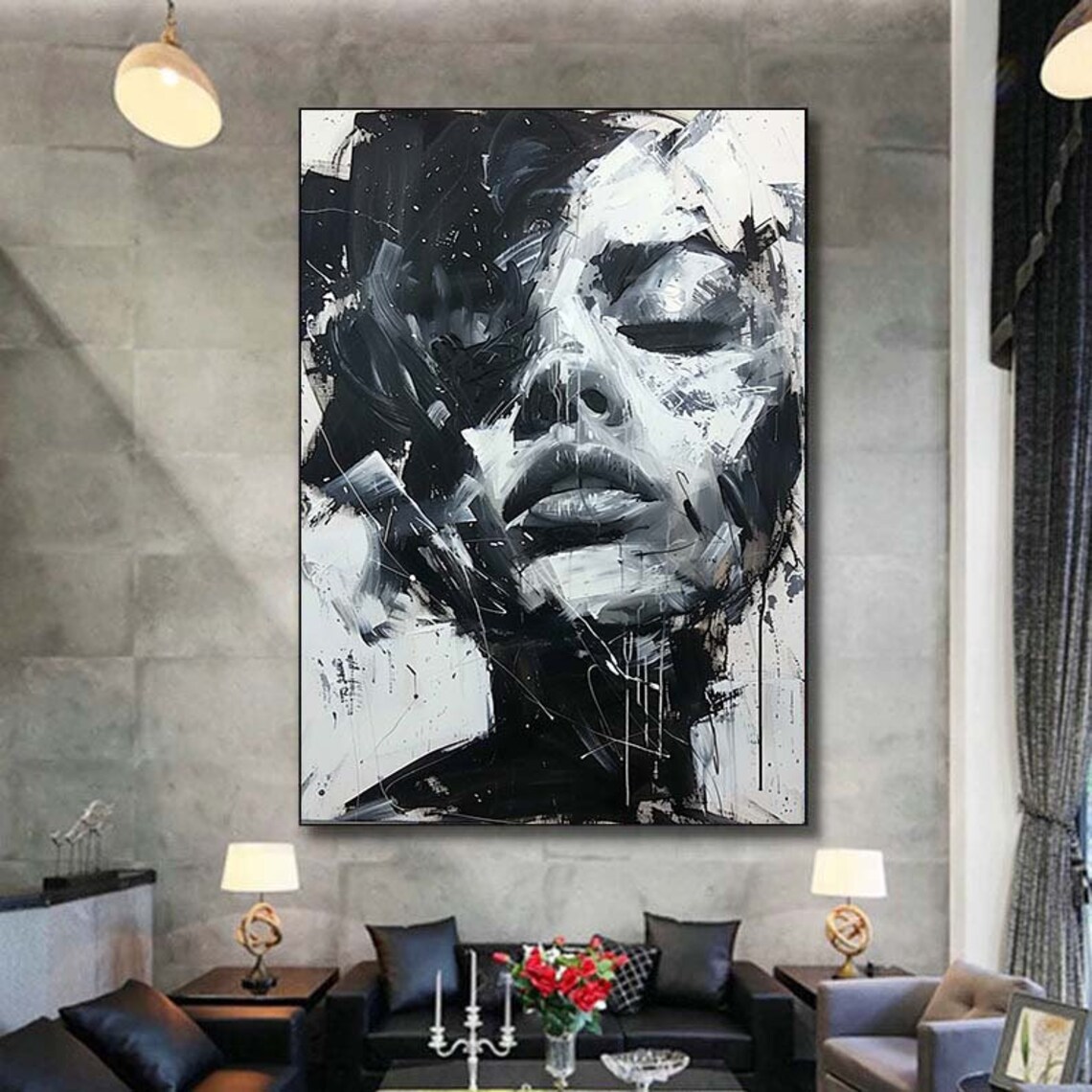 Black and White Woman Portrait Oil Painting Art Print - Image 3