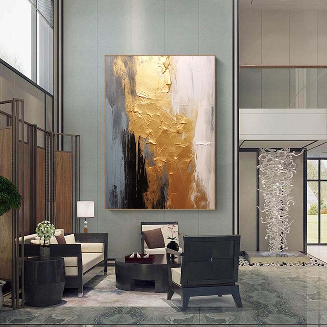 Gold Leaf Black White Textured Tall Abstract Luxury Flow Poster - Image 3
