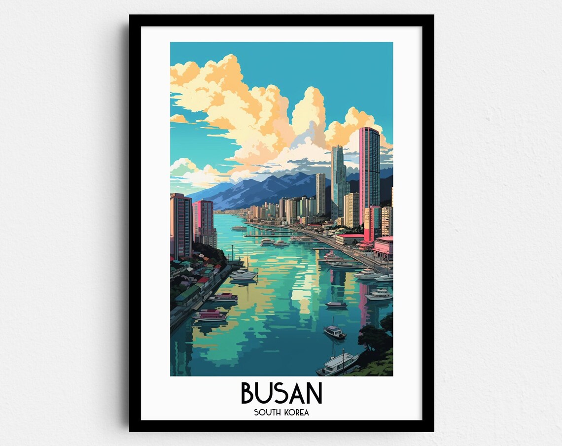 Busan South Korea Harbor Boats Mountain View Vintage Travel Poster